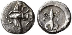 Greek Coins Olympia, Elis Stater circa 450-440, AR 12.27 g. Eagle flying r., grasping snake with its talons and its beak. Rev. F – A Thunderbolt with volutes above and wings below. Seltman –, cf. grou