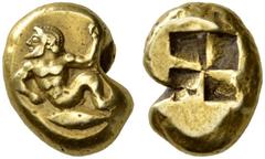 Greek Coins Mysia, Cyzicus Stater circa 500-450, EL 15.98 g. Triton swimming l., holding wreath in l. hand; below, tunny. Rev. Quadripartite incuse square. von Fritze 126. SNG von Aulock 7305. SNG Spe