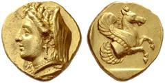 Greek Coins Lampsacus Stater circa 360, EL 8.42 g. Veiled head of Demeter l., wearing lotus flower wreath, earring and necklace. Rev. Forepart of Pegaus r. All within partially incuse square. Baldwin 