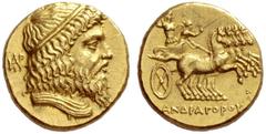 Greek Coins Satraps of Parthia, Andragoras late 4th century BC – mid 3rd century Stater, Ectabana circa 315, AV 8.51 g. Diademed and draped bust of Zeus r.; behind, monogram. Rev. Fast quadriga driven