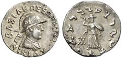 Greek Coins Nicias, 90 – 85 Tetradrachm, Pushkalavati circa 80-60, AR 9.86 g. BASILEWS SWTHROS NIKIOU Diademed and draped bust r., wearing crested helmet. Rev. The same legend of the obverse in Karost