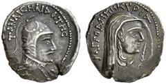 Greek Coins Indo-Parthian, Aria or Margiana. Tanlis Mardates with Rangodeme Drachm mid-late 1st century BC, AR 3.98 g. TANLIC MAIDATEC Helmeted bust r. Rev. RAGGODHMH KURIA Veiled bust r., holding pal