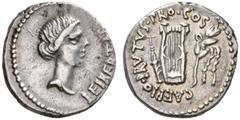 The JD collection of Roman Republican Coins part III – Session I Q. Caepio Brutus. Denarius, mint moving with Brutus 43-42, AR 3.66 g. LEIBERTAS Head of Libertas r. Rev. CAEPIO·BRVTVS·PRO·COS Plectrum