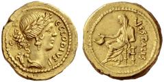 The JD collection of Roman Republican Coins part III – Session I C. Clodius C.f. Vestalis. Aureus 43, AV 8.00 g. CLODIVS – C·F· Wreathed head of Flora r.; behind, flower. Rev. VESTALIS Female figure s