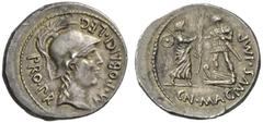 The Roman Republic Cn. Pompeius Magnus and M. Poblicius . Denarius, Spain 46-45, AR 4.01 g. M·POBLICI·LEG Helmeted head of Roma r.; behind, PRO·PR. Rev. CN·MAGNVS·IMP Female figure standing r., with s