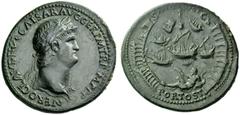 The Roman Empire Nero augustus, 54 – 68 Sestertius circa 64, Æ 22.85 g. NERO CLAVDIVS CAESAR AVG GER P M TR P IMP P P Laureate head r., with aegis. Rev. AVG – VST Bird’s eye view of Ostia’s harbour. A