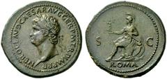 The Roman Empire Nero augustus, 54 – 68 Sestertius circa 65, Æ 28.07 g. NERO CLAVD CAESAR AVG GER P M TR P IMP P P Laureate head l. Rev. S – C Roma seated l. on cuirass, holding Victory and parazonium