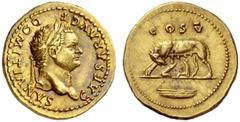 The Roman Empire Domitian caesar, 69 – 81 Aureus 77-78, AV 7.35 g. CAESAR AVG F – DOMITIANVS Laureate head r. Rev. COS V She-wolf l., with twins; in exergue, boat. C 50. BMC Vespasian 237. RIC Vespasi