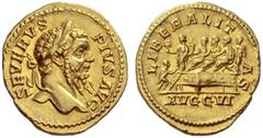 The Roman Empire Septimius Severus, 193 – 211 Aureus circa 209, AV 7.20 g. SEVERVS – PIVS AVG Laureate head r. Rev. LIBERALIT – AS Septimius Severus, Caracalla and Geta seated l. on platform; Liberali