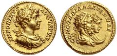 The Roman Empire Caracalla, 198 – 217 Aureus 199-200, AV 7.35 g. ANTONINVS – AVGVSTVS Laureate, draped and cuirassed bust of Caracalla r. Rev. CONCORDIAE AETERNAE Jugate busts r. of Septimius Severus,