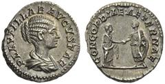 The Roman Empire Plautilla, wife of Caracalla Denarius 202-205 (?), AR 3.59 g. PLAVTILLAE AVGVSTAE Draped bust r., hair waved and caught back behind. Rev. CONCORDIAE AETERNAE Caracalla and Plautilla c