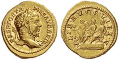 The Roman Empire Geta augustus, 209 – 212 Aureus 210-212, AV 7.55 g. P SEPT GETA – PIVS AVG BRIT Laureate bust r., with drapery l. shoulder. Rev. LIB AVGG V ET V Caracalla and Geta seated l. on platfo