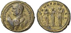 The Roman Empire Constantius Chlorus caesar, 293 – 305 Bronze medallion 293-305, Æ 24.41 g. CONSTANTI – VS NOB CAES Laureate half-figure l., holding shield and spear. Rev. MONETA AV – GG The three Mon