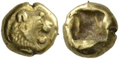 Greek Coins Kings of Lydia, uncertain king before 561 Hemihecte, Sardis circa 600-560, EL 1.17 g. Lion’s head with open jaws; on forehead, dot. Rev. Rough incuse punch. von Aulock 2871. Weidauer 90. G