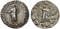 Greek Coins Indo-Skyrthians Maues, 90-57. Tetradrachm circa 90-57, AR 9.71 g. Zeus standing l., holding sceptre. Rev. Nike standing r., holding palm branch and wreath. Mitchiner, Indogreek 699.a. Ligh