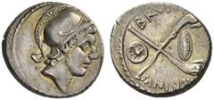 The JD collection of Roman Republican Coins part III – Session II Denarius 48, AR 4.08 g. Helmeted head of young Mars r. Rev. ALBINVS – BRVTI·F Two Gaulish trumpets in saltire; above, oval shield and 