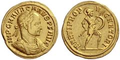 The Roman Empire Carus, 282 – 283 Aureus, Siscia 282-283, AV 4.50 g. Laureate, draped and cuirassed bust r. Rev. Mars advancing r., holding spear and shield. C –. RIC –. Calicó 4268a (this coin illust
