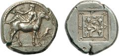 JDL Collection Part II: Geek Coins NORTHERN GREECE. MACEDONIA. MENDE, Tetradrachm c. 430, Attic standard, AR 17.31 g. Obv. Silenus, naked to waist, reclining left, with one leg tuc- ked up, on a donke