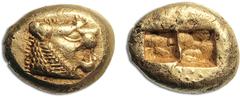 JDL Collection Part II: Geek Coins ASIA. KINGDOM OF LYDIA.. Unknown king from THE MERMNADES DYNASTY, probably ALYATTES, 610–560. Trite, Sardis 600–550, Milesian standard, EL 4.73 g. Obv. Lion’s head r