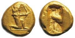 JDL Collection Part II: Geek Coins ASIA. KINGDOM OF PERSIA. DARIUS I, 522–486. Daric, Sardis c. 510–485, Persic standard, AV 8.34 g. Obv. Darius I, bearded, in kneeling-running attitude right on groun