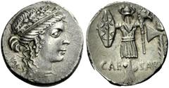 The Roman Republic Julius Caesar . Hybrid denarius, mint moving with Caesar 48-47, AR 3.96 g. Female head r., wearing diadem and oak wreath; behind, TII. Rev. CAE – SAR Trophy with Gallic shield and c