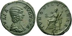 The Roman Empire Julia Domna, wife of Septimius Severus Sestertius 211, Æ 24.42 g. IVLIA AVGVSTA Draped bust r., hair in waves and coiled in a small bun at back of head. Rev. IVNONI LVCINAE Juno, drap