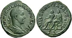 The Roman Empire Philip II caesar, 244 – 247 Sestertius 247-249, Æ 18.12 g. IMP M IVL PHILIPPVS AVG Laureate, draped and cuirassed bust r., seen from behind. Rev. LIBERALITAS AVGG III Philip I and Phi