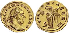 The Roman Empire Gallienus, joint reign with Valerian I, 253 – 260 Aureus 258, AV 3.07 g. IMP GALLIENVS P F AVG GERM Laureate and cuirassed bust r. Rev. VICTORIA GERM Victory standing l., holding wrea