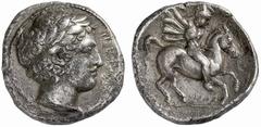 Greek Coins Neapolis No.: 3 Schätzpreis - Estimate CHF 10000 d=20 mm Didrachm circa 345-340, AR 7.08 g. NEO[PO] Laureate head of Apollo r. Rev. Horseman, wearing Samnite helmet, mantle flying behind h