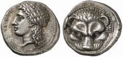 Greek Coins Rhegium No.: 47 Schätzpreis - Estimate CHF 18000 d=25 mm Tetradrachm circa 320-300, AR 17.05 g. RHGINOS Laureate head of Apollo l., long hair falling in curls over neck. Rev. Lion’s head f