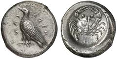 Greek Coins Acragas No.: 51 Schätzpreis - Estimate CHF 3000 d=20 mm Didrachm circa 490-470, AR 8.47 g. AKRA – CAN retrograde Eagle standing l., with closed wings. Rev. Crab with carapace resembling hu