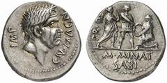 The Roman Republic No.: 326 Schätzpreis - Estimate CHF 25000 d=19 mm Cn. Pompeius the Younger with M. Minatius Sabinus. Denarius, Spain circa 46-45, AR 3.81 g. IMP – CN MAGN Head of Cn. Pompeius Magnu