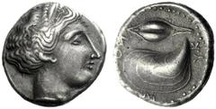 The M.L. Collection of Coins of Magna Graecia and Sicily Campania, Cuma Didrachm circa 420-380, AR 7.48 g. Nymph head r. Rev. KYMAION clockwise partially retrograde Mussel shell l.; above barley grain