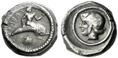 The M.L. Collection of Coins of Magna Graecia and Sicily Calabria, Tarentum Nomos circa 470-465, AR 8.05 g. TARAS retrograde Phalantos seated on dolphin r.; below, shell. Rev. Female head l. (Satyra ?
