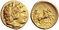 The M.L. Collection of Coins of Magna Graecia and Sicily Calabria, Tarentum Stater circa 281-276, AV 8.56 g. Head of youthful Heracles r., wearing lion’s skin headdress. Rev. Young man (Taras ?) in pr