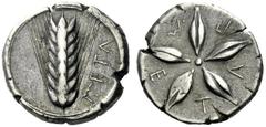 The M.L. Collection of Coins of Magna Graecia and Sicily Metapontum Nomos circa 440-430, AR 7.76 g. META Ear of barley. Rev. M – E – T – A – Π Star formed by five pearls of barley. Noe-Johnston 310. M