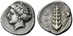The M.L. Collection of Coins of Magna Graecia and Sicily Metapontum Nomos circa 340-330, AR 7.57 g. Head of Demeter l. Rev. META Ear of barley with stalk and leaf to r.; above leaf, tablet inscribed T