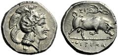 The M.L. Collection of Coins of Magna Graecia and Sicily Thurium Nomos circa 300-280, AR 7.88 g. Head of Athena r., wearing Attic helmet decorated with Scylla hurling stone. Rev. Bull butting r.; abov
