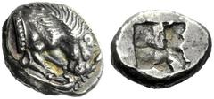 The M.L. Collection of Coins of Magna Graecia and Sicily Velia Drachm circa 535-465, AR 3.86 g. Forepart of lion r., tearing stag’s leg. Rev. Irregular incuse square. Babelon, RN 1912, pl. V, 11 (this