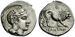 The M.L. Collection of Coins of Magna Graecia and Sicily Velia Nomos circa 340-334, AR 7.53 g. Head of Athena r., wearing Attic helmet decorated with griffin; behind neck-guard, X. Rev. Lion advancing