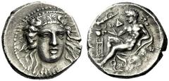 The M.L. Collection of Coins of Magna Graecia and Sicily Bruttium, Caulonia Nomos circa 380-350, AR 7.63 g. Head of Hera Lacinia facing, wearing decorated stephane. Rev. KPO Young Heracles seated l. o
