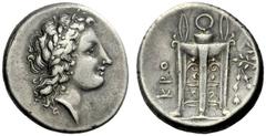 The M.L. Collection of Coins of Magna Graecia and Sicily Croton Nomos end of 4th century BC, AR 7.22 g. Laureate head of Apollo r. Rev. KPO Tripod with high neck; in r. field, laurel-branch tied with 