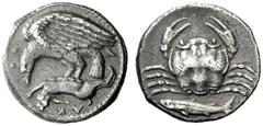 The M.L. Collection of Coins of Magna Graecia and Sicily Sicily, Agrigentum Hemidrachm circa 410-406, AR 2.02 g. AK – PA Eagle flying l., holding hare in its talons. Rev. Crab seen from above; below, 