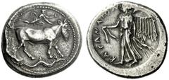 The M.L. Collection of Coins of Magna Graecia and Sicily Catana Tetradrachm circa 475-470, AR 17.24 g. Man-headed bull (the river god Amenanos) swimming r.; above, naked silenus leaping r.; below, pis