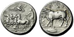 The M.L. Collection of Coins of Magna Graecia and Sicily Gela Tetradrachm circa 415-405, AR 17.13 g. Fast quadriga driven l. by charioteer holding kentron and reins; above, eagle flying l. and, in exe