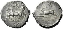The M.L. Collection of Coins of Magna Graecia and Sicily Messana Tetradrachm circa 412-408, AR 16.43 g. Slow biga of mules driven l. by female charioteer, holding reins and kentron ; in field above, N