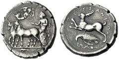 The M.L. Collection of Coins of Magna Graecia and Sicily Messana Tetradrachm circa 412-408, AR 17.11 g. Slow biga of mules driven l. by female charioteer, holding reins and kentron ; in field above, N
