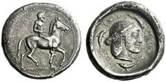 The M.L. Collection of Coins of Magna Graecia and Sicily Syracuse Didrachm circa 480, AR 8.23 g. Horseman r. Rev. SVRA – KOS – ION Pearl-diademed head of Arethusa r; around, three dolphins swimming cl