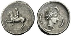The M.L. Collection of Coins of Magna Graecia and Sicily Syracuse Didrachm circa 440-430, AR 8.26 g. Horseman on prancing horse l., with mantle flying behind. Rev. SYPAKOSION Head of Arethusa r., hair