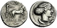 The M.L. Collection of Coins of Magna Graecia and Sicily Syracuse Tetradrachm circa 420-415, AR 17.70 g. Slow quadriga driven r. by charioteer, holding reins and kentron ; above, Nike flying r. to cro
